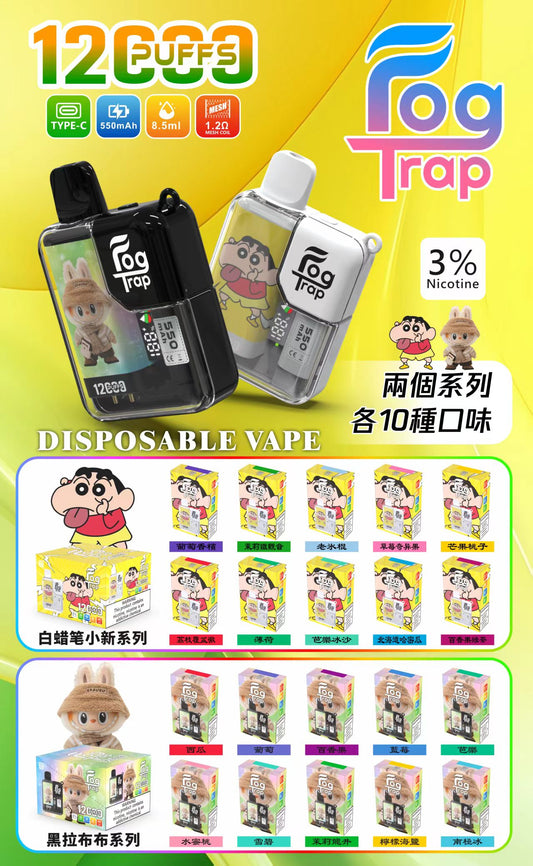 Fog Trap 拉布布系列 12000口拋棄式電子煙/一次性電子煙 LABUBU 聯名款10款口味 8.5ml 大容量・LCD 顯示・Type-C 充電 台灣現貨